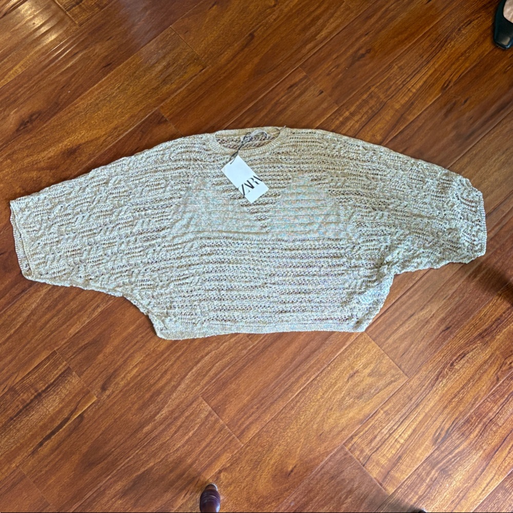 Zara women's gold knit, metallic, festive top, medium